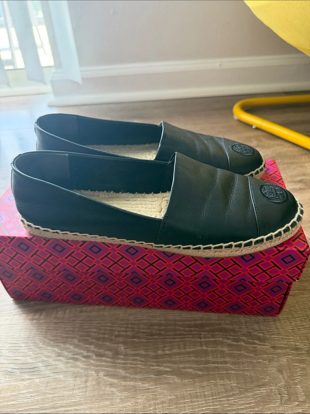 Tory Burch Black Leather Espadrille Flats